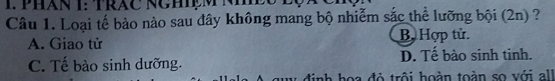 PHAN 1: TRAC NGHiệM NhEC L
Câu 1. Loại tế bào nào sau đây không mang bộ nhiễm sắc thể lưỡng bội (2n) ?
B, Hợp tử.
A. Giao tử
D. Tế bào sinh tinh.
C. Tế bào sinh dưỡng.
* đ inh hoa đỏ trội hoàn toàn so với all