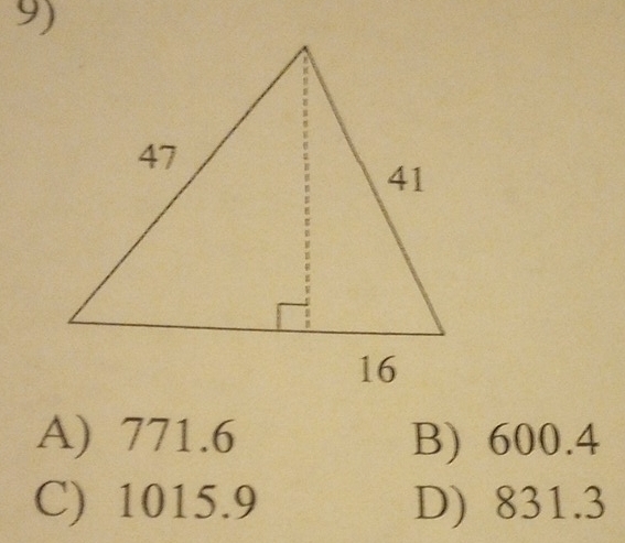 A) 771.6 B) 600.4
C) 1015.9 D) 831.3