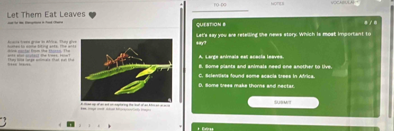 10.00 NOTIES VOCABULAF
Let Them Eat Leaves
Just for le, Eleroptione in Food Chaine QUESTION 8
8 / 8
Let's say you are retelling the news story. Which is most important to
Acacts trees grow in Africa. They giv
homes to some biting ants. The antsay?
drink mastar from the thorns. The
ants also pratest the trees. How?
They bite large animals that eat theA. Large animals eat acacia leaves.
lées lavesB. Some plants and animals need one another to live.
C. Scientists found some acacia trees in Africa.
D. Some trees make thorns and nectar.
an ant on exploring the leal of an Atrican acacia SUBMIT
tee, Inage crenit Adoak Miprayoon/Getty Imagos
4 2
* Extras