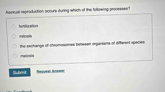 Asexual reproduction occurs during which of the following processes?
fertilization
mitosis
the exchange of chromosomes between organisms of different species
meiosis
Submit Request Answer