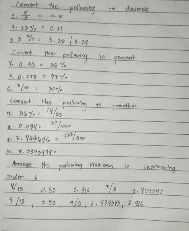 convert the pollowing to decimals 
1.  y/5 =0.8
2. 23% =0.23
y 32/7=3.28/3.29
Convent the following to percent 
Y. 0.35=35%
s. 0.078=78%
C. 3/10=30%
convert the Following to practions 
7. 56% =14/25
8. 0.074=37/1000
9、 2.464646=123/800
10. 8.0393939=
Amange the yollowing numbers in increasing 
order. 
Wis 0. 52 2. 91ú / 5 2. 404b43
9 /15, 0. 82, 815, 2. 434343, 2. 9