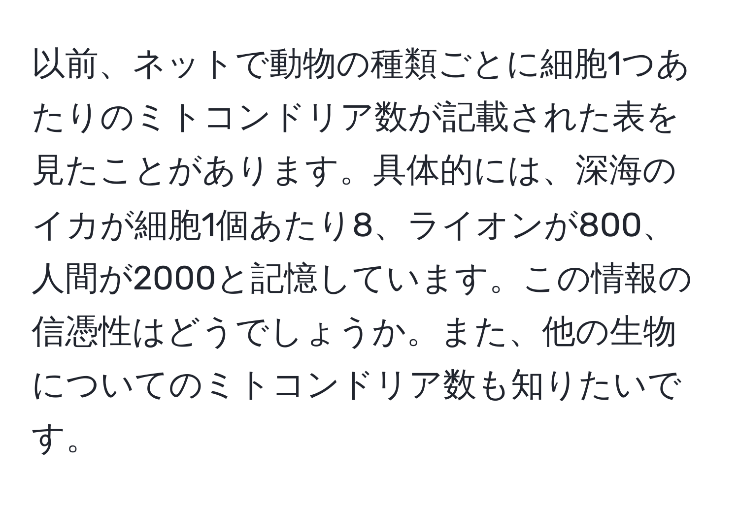 以前、ネットで動物の種類ごとに細胞1つあたりのミトコンドリア数が記載された表を見たことがあります。具体的には、深海のイカが細胞1個あたり8、ライオンが800、人間が2000と記憶しています。この情報の信憑性はどうでしょうか。また、他の生物についてのミトコンドリア数も知りたいです。