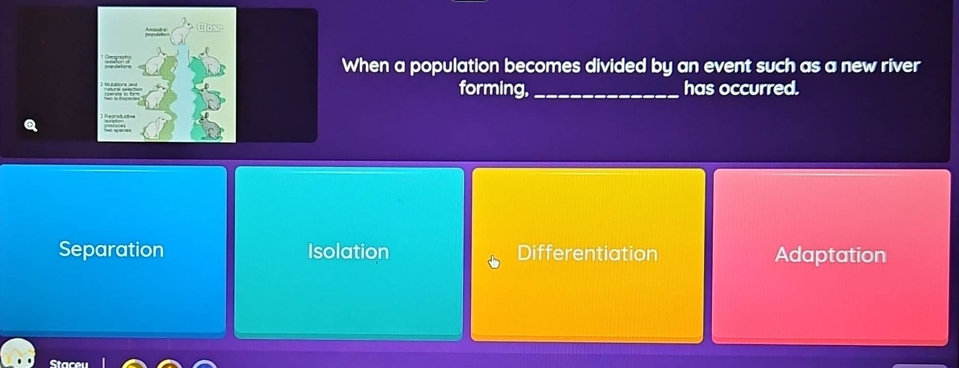 When a population becomes divided by an event such as a new river
forming, _has occurred.
Separation Isolation Differentiation Adaptation
Staceu