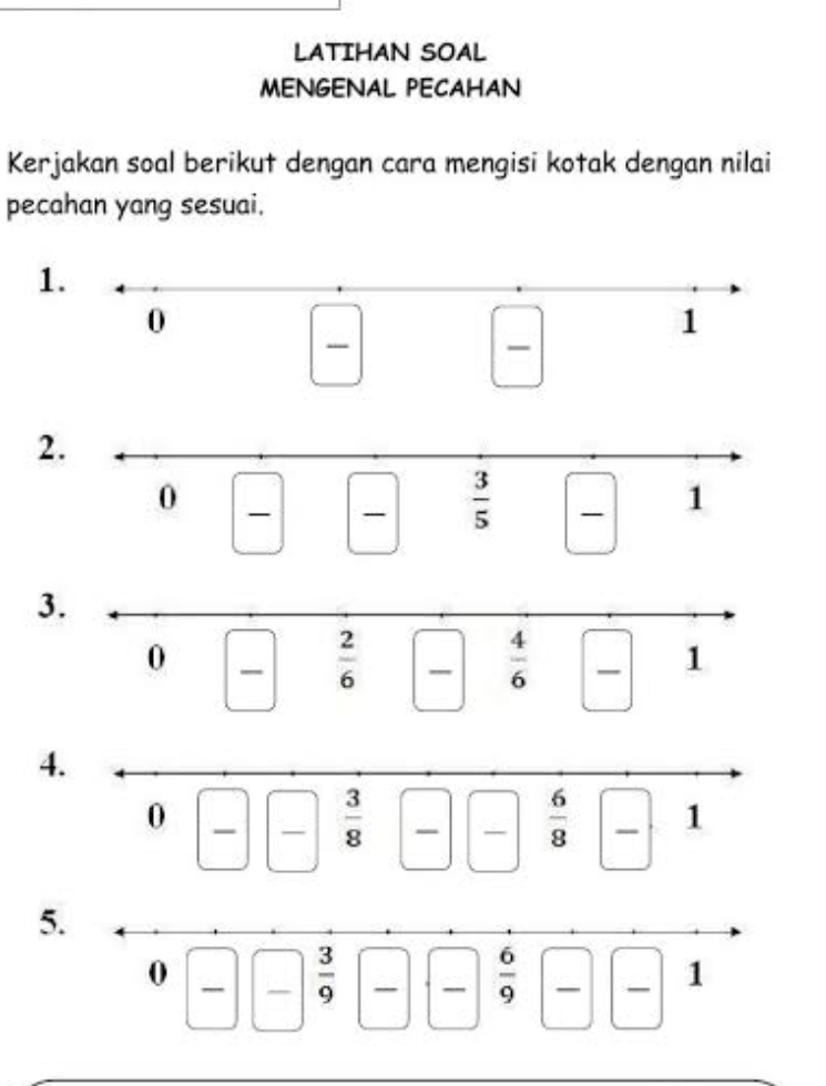 LATIHAN SOAL
MENGENAL PECAHAN
Kerjakan soal berikut dengan cara mengisi kotak dengan nilai
pecahan yang sesuai.
1
2
3
4
5