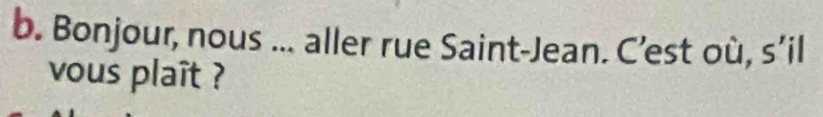 Bonjour, nous ... aller rue Saint-Jean. C’est où, s’il 
vous plaît ?