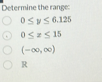 Determine the range:
0≤ y≤ 6.125. 0≤ x≤ 15
(-∈fty ,∈fty )
IR