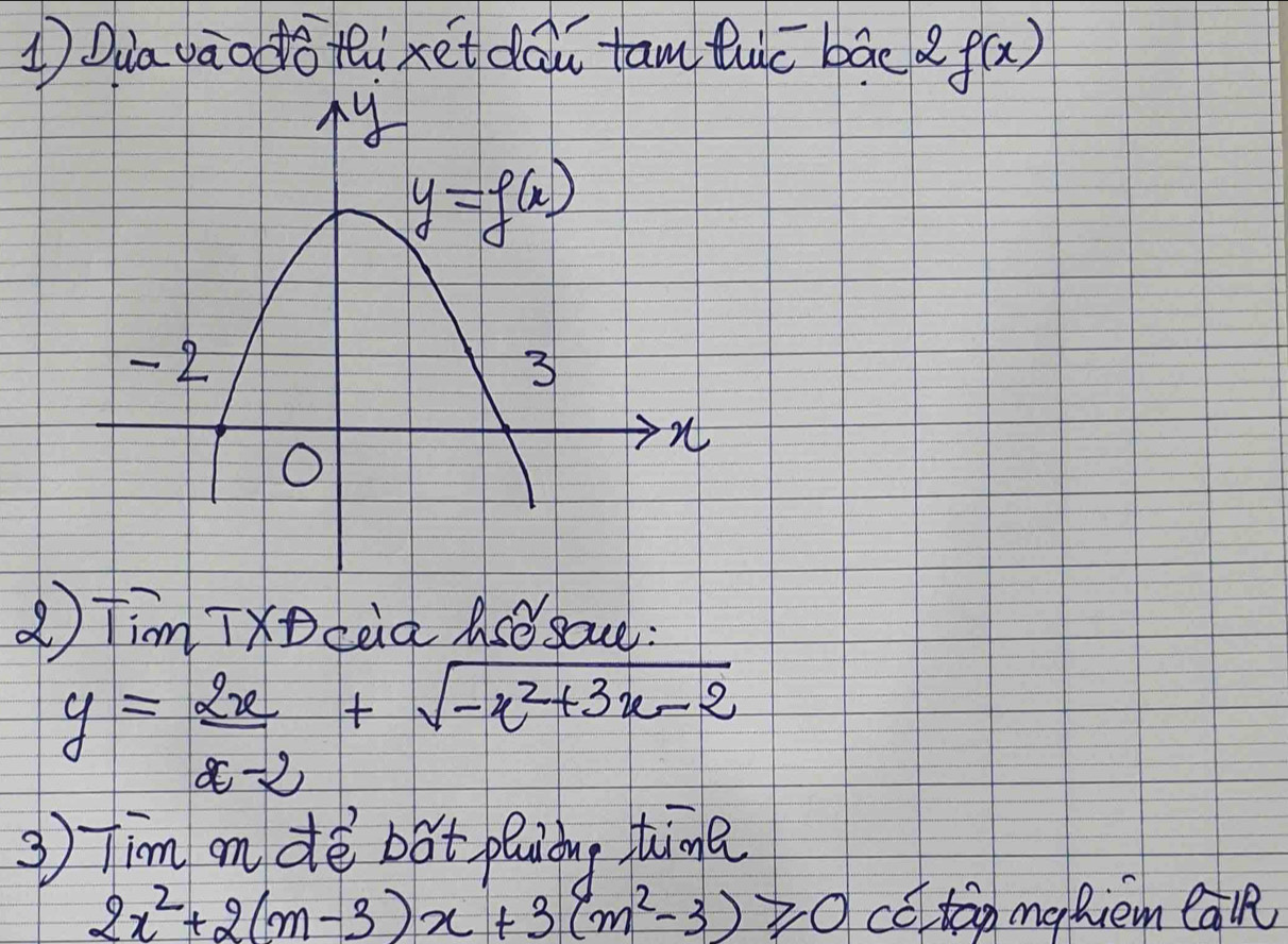 ①Qua vāodǒteixet dōu tam luc bāc f(x)
③ Tim TXoceia Asǒ sace:
y= 2x/x-2 +sqrt(-x^2+3x-2)
③ Tim m dē bat pluiòng time
2x^2+2(m-3)x+3(m^2-3)≥slant 0 coton mnahiem Cal