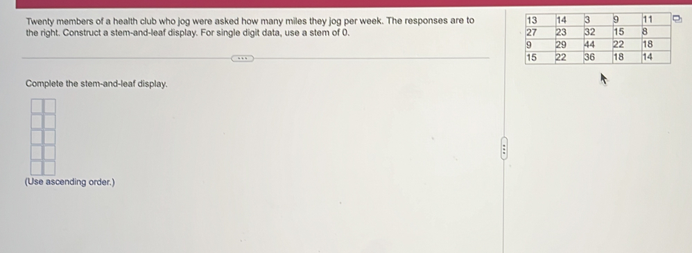 Twenty members of a health club who jog were asked how many miles they jog per week. The responses are to 
the right. Construct a stem-and-leaf display. For single digit data, use a stem of 0. 
Complete the stem-and-leaf display. 
(Use ascending order.)