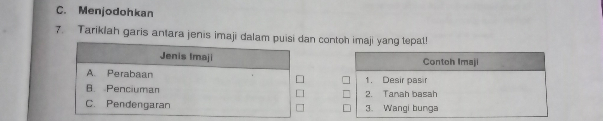 Menjodohkan 
7. Tariklah garis antara jenis imaji dan contoh imaji yang tepat! 
Contoh Imaji 
1. Desir pasir 
2. Tanah basah 
3. Wangi bunga