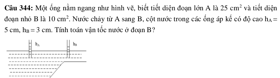 Một ống nằm ngang như hình vẽ, biết tiết diện đoạn lớn A là 25cm^2 và tiết diện 
đoạn nhỏ B là 10cm^2 F. Nước chảy từ A sang B, cột nước trong các ống áp kế có độ cao h_A=
5cm, h_B=3cm 1. Tính toán vận tốc nước ở đoạn B?
h_A
hв