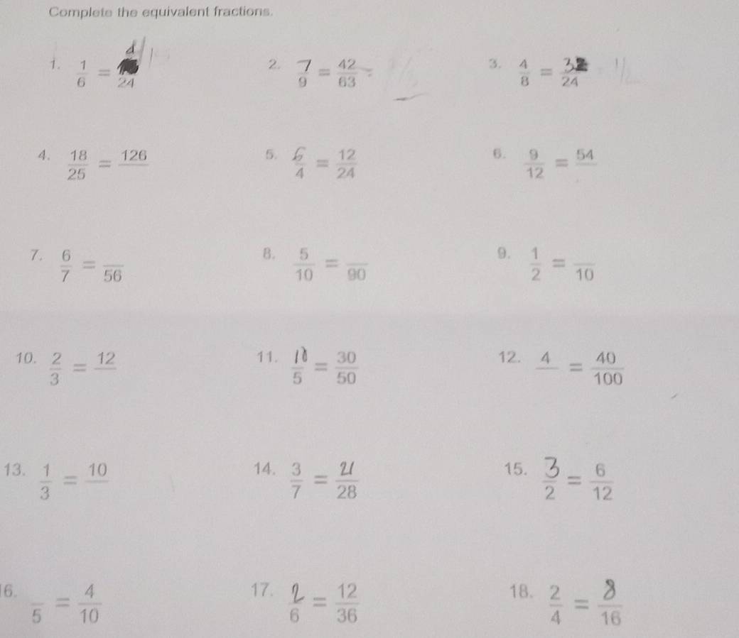 Complete the equivalent fractions. 
3. 
1.  1/6 = d/24  2. =。 ♂ = 
5. 
6. 
4.  18/25 =frac 126  G/4 = 12/24   9/12 =frac 54
B. 
9. 
7.  6/7 =frac 56  5/10 =frac 90  1/2 =frac 10
11. 
10.  2/3 =frac 12  10/5 = 30/50  12. frac 4= 40/100 
13.  1/3 =frac 10 14.  3/7 = 2l/28  15. = 
17.  2/6 = 12/36 
6. frac 5= 4/10  18.