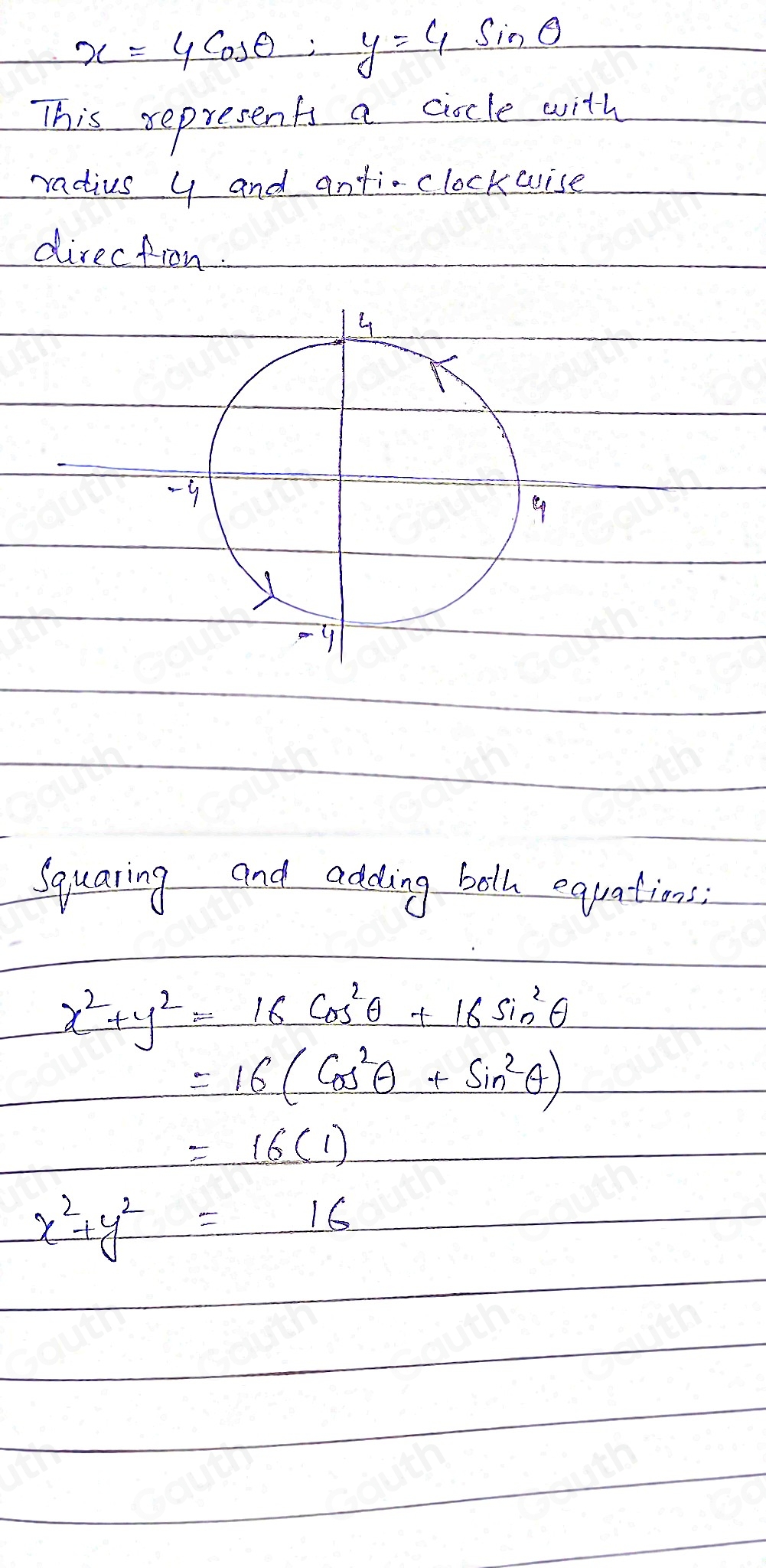 x=4cos θ :y=4sin θ
This represents a ciocle with 
radius y and antio clockasise 
direction.
-9
Squaring and adding both equations:
x^2+y^2=16cos^2θ +16sin^2θ
=16(cos^2θ +sin^2θ )
=16(1)
x^2+y^2=16