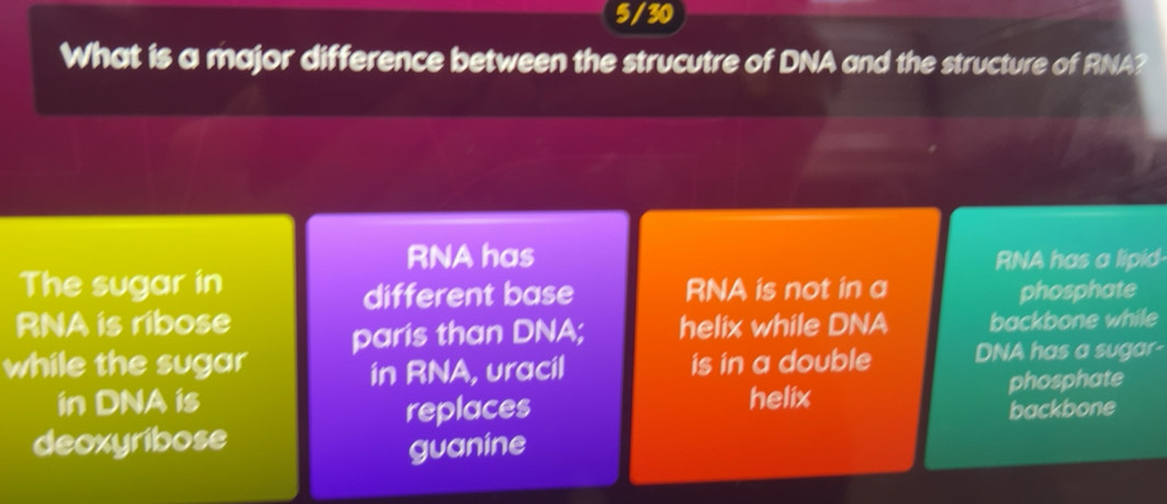 Solved: 5 / 30 What is a major difference between the strucutre of DNA ...