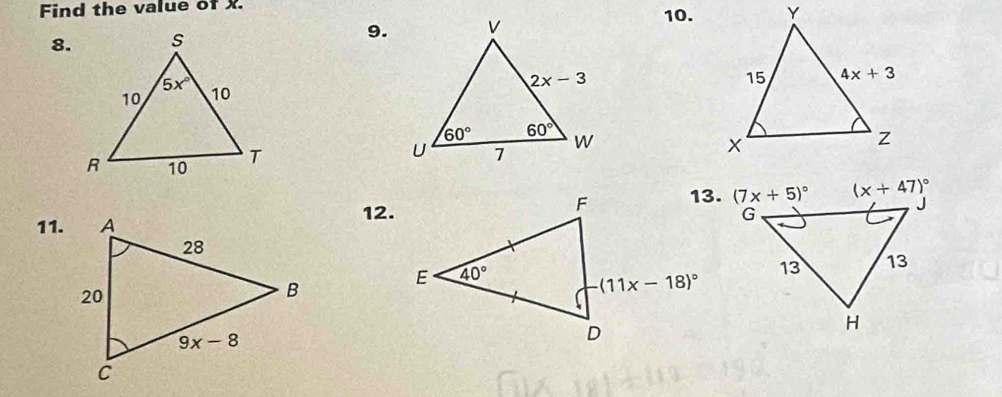 Find the value of x.10.
8.
9.
 
12.
11.