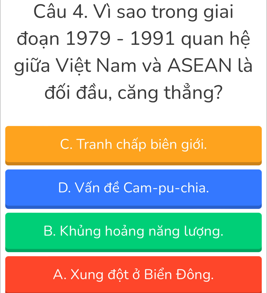 Vì sao trong giai
đoạn 1979 - 199 -1 quan hệ
giữa Việt Nam và ASEAN là
đối đầu, căng thẳng?
C. Tranh chấp biên giới.
D. Vấn đề Cam-pu-chia.
B. Khủng hoảng năng lượng.
A. Xung đột ở Biển Đông.