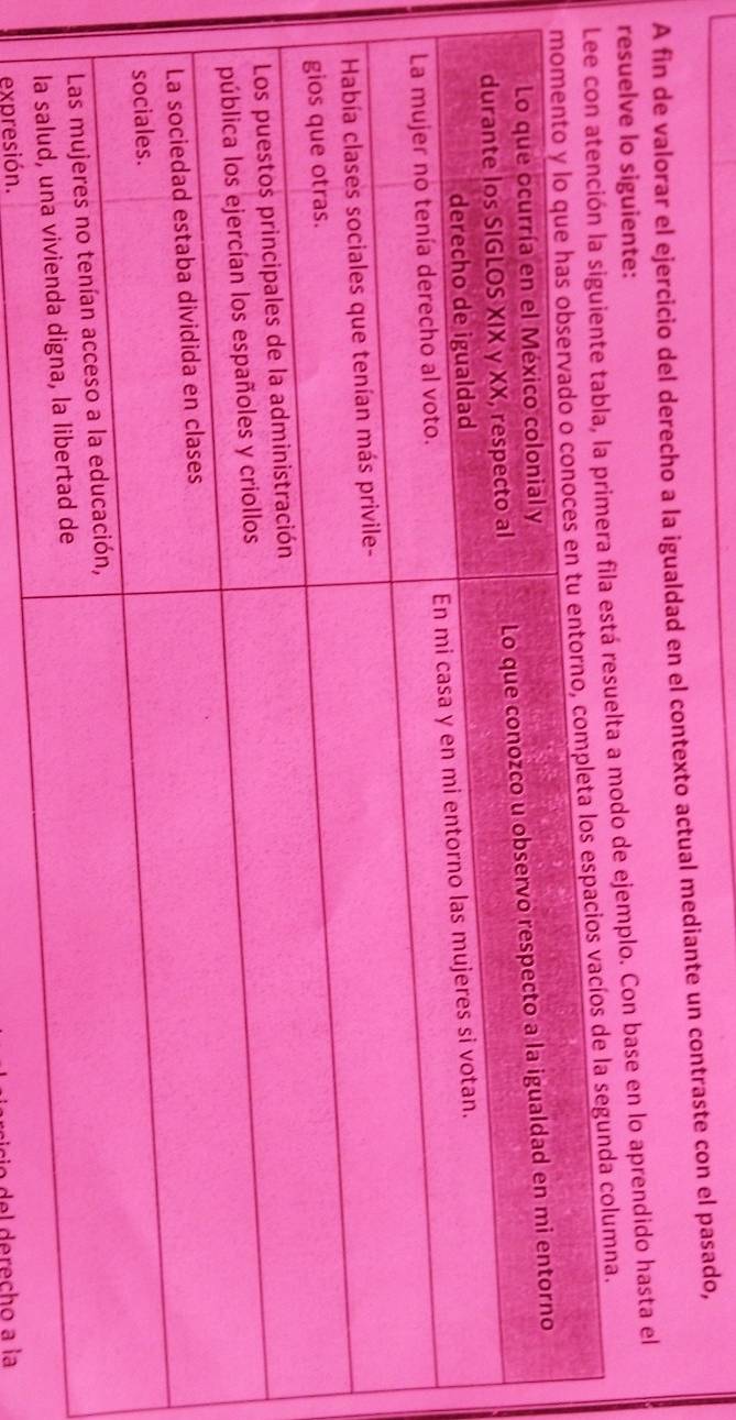 A fin de valorar el ejercicio del derecho a la igualdad en el contexto actual mediante un contraste con el pasado, 
resuelve lo siguiente: 
Lila está resuelta a modo de ejemplo. Con base en lo aprendido hasta el 
columna. 
expresión.