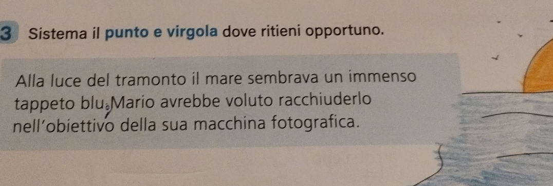 Sistema il punto e virgola dove ritieni opportuno. 
Alla luce del tramonto il mare sembrava un immenso 
tappeto blu Mario avrebbe voluto racchiuderlo 
nell’obiettivo della sua macchina fotografica.