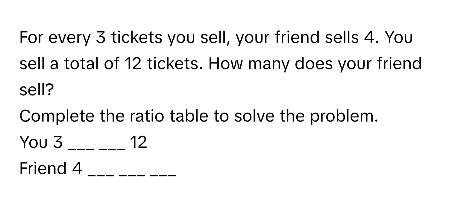 For every 3 tickets you sell, your friend sells 4. You sell a total of 12 tickets. How many does your friend sell?

Complete the ratio table to solve the problem. 
You 3 ___ ___ 12
Friend 4 ___ ___ ___