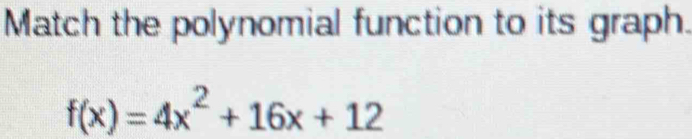 Match the polynomial function to its graph.
f(x)=4x^2+16x+12