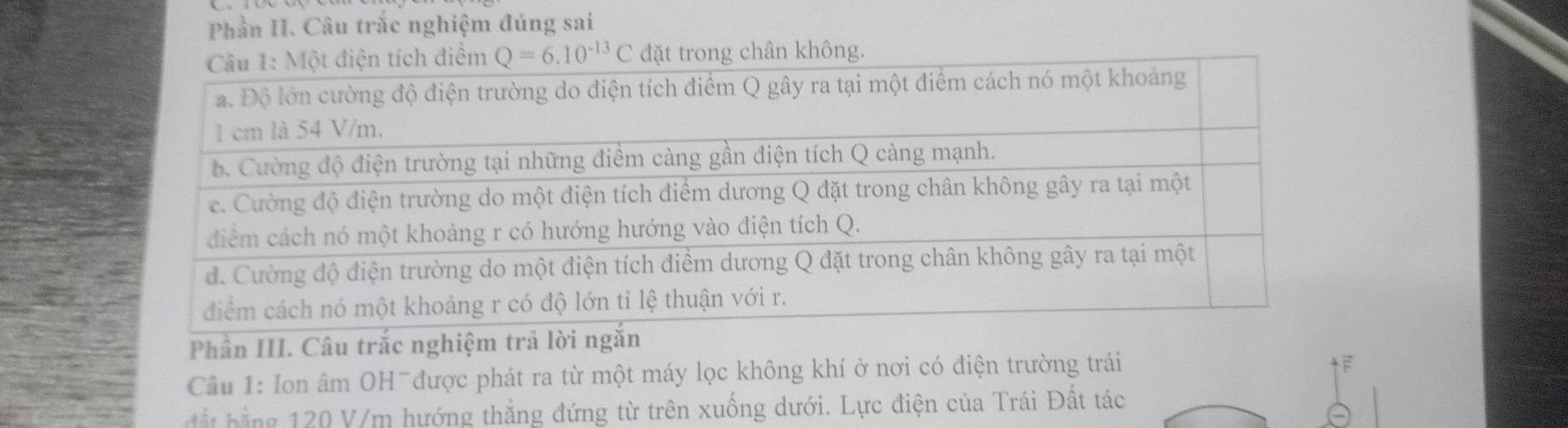 Phần H. Câu trắc nghiệm đúng sai
Q=6.10^(-13)C rong chân không. 
Phân III. Câu trắc nghiệm trả lời 
Cầu 1: Ion âm OH¯được phát ra từ một máy lọc không khí ở nơi có điện trường trái 
đấ bằng 120 V/m hướng thẳng đứng từ trên xuống dưới. Lực điện của Trái Đất tác