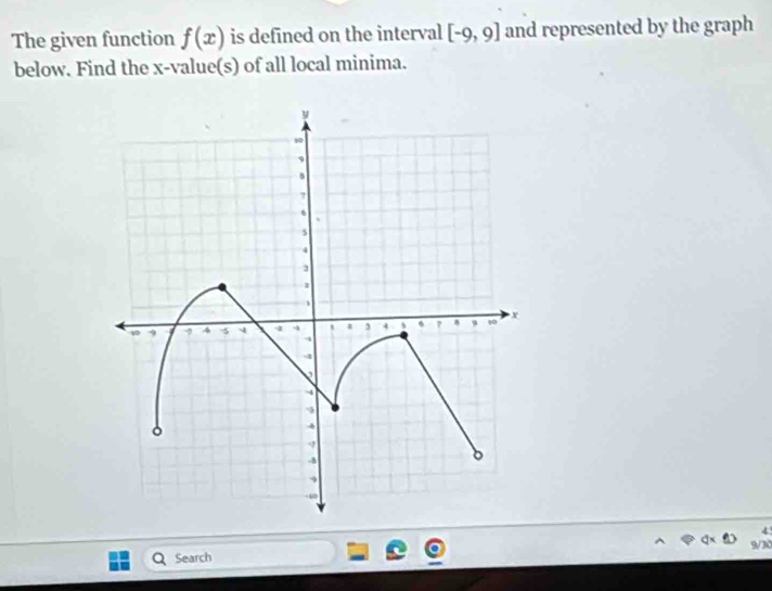 The given function f(x) is defined on the interval [-9,9] and represented by the graph 
below. Find the x -value(s) of all local minima. 
Search