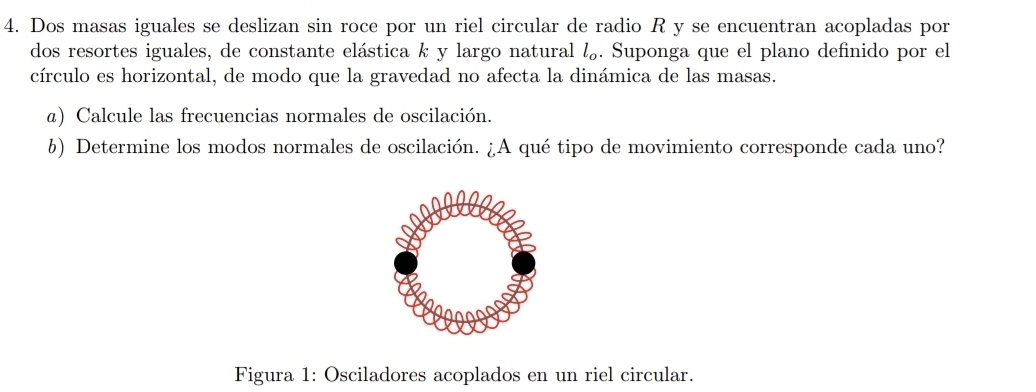 Dos masas iguales se deslizan sin roce por un riel circular de radio R y se encuentran acopladas por 
dos resortes iguales, de constante elástica k y largo natural l_o. Suponga que el plano definido por el 
círculo es horizontal, de modo que la gravedad no afecta la dinámica de las masas. 
a) Calcule las frecuencias normales de oscilación. 
6) Determine los modos normales de oscilación. ¿A qué tipo de movimiento corresponde cada uno? 
Figura 1: Osciladores acoplados en un riel circular.