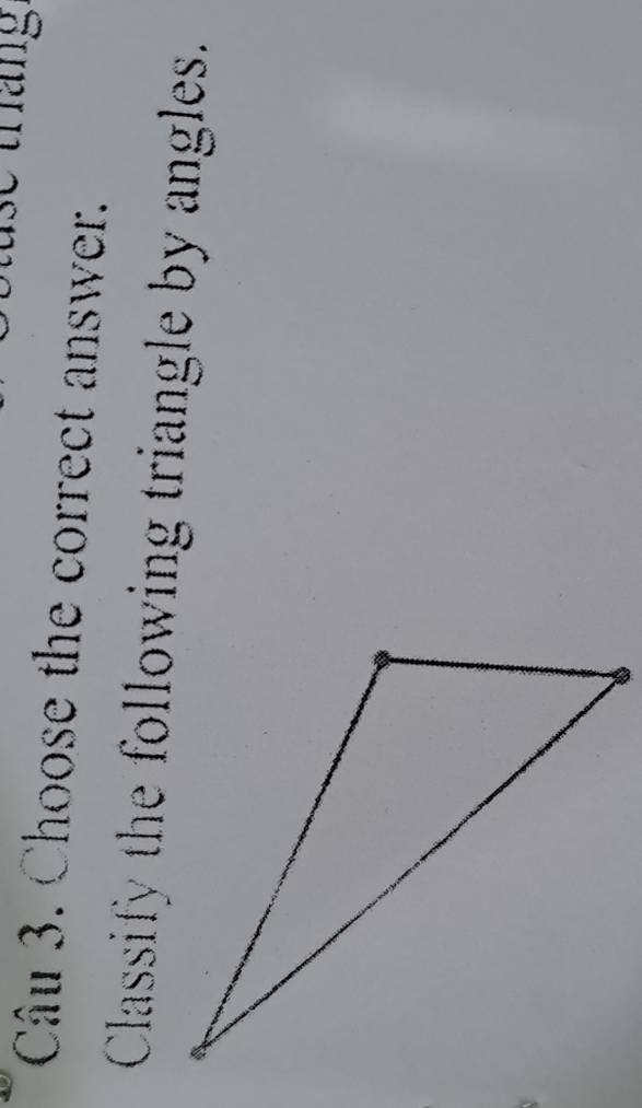 se tháng 
Câu 3. Choose the correct answer. 
Classify the following triangle by angles.