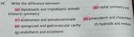 Write the difference between:
(a) diploblastic and triploblastic animals (b) radial symmetry and
bilateral symmetry
(c) acoelomate and pseudocoelomate (d) pinacoderm and choanodern.
(e) spongocoel and gastrovascular cavity (f) hydroids and medusa
(g) endotherm and ectotherm