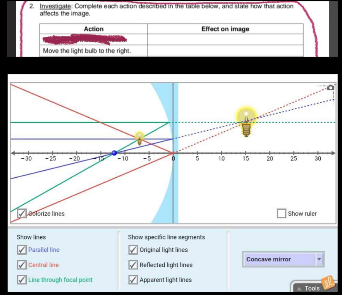 Investigate: Complete each action described in the table below, and state how that action
affects the image.
Show lines Show specific line segments
Parallel line Original light lines
Concave mirror
Central line Reflected light lines
Line through focal point Apparent light lines
Tools