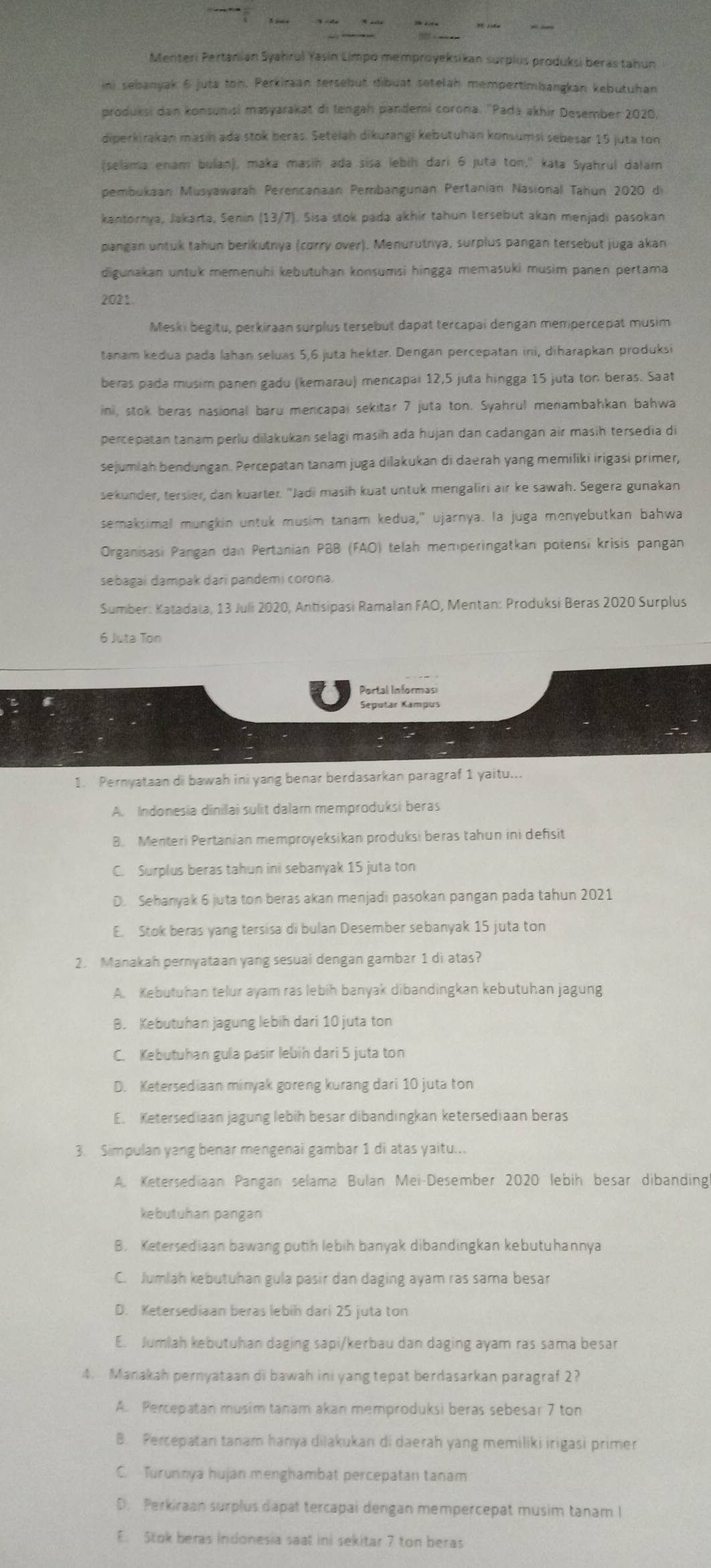 Menteri Pertanian Syahrul Yasin Limpo memproyeksikan surplus produksi beras tahun
ini sebanyak 6 juta ton. Perkiraan tersebut dibuat setelah mempertimbangkan kebutuhan
produksi dan konsumsi masyarakat di tengah pandemi corona. "Padá akhir Desember 2020,
diperkirakan masin ada stok beras. Setelah dikurangi kebutuhan konsumsi sebesar 15 juta ton
(selama enam bulan), maka masih ada sisa lebih dari 6 juta ton," kata Syahrul dalam
pembukaan Musyawarah Perencanaan Pembangunan Pertanian Nasional Tahun 2020 di
kantornya, Jakarta, Senin (13/7). Sisa stok pada akhir tahun tersebut akan menjadi pasokan
pangan untuk tahun berikutnya (corry over). Menurutnya, surplus pangan tersebut juga akan
digunakan untuk memenuhi kebutuhan konsumsi hingga memasuki musim panen pertama
2021.
Meski begitu, perkiraan surplus tersebut dapat tercapai dengan mempercepat musim
tanam kedua pada lahan seluas 5,6 juta hektar. Dengan percepatan ini, diharapkan produksi
beras pada musim panen gadu (kemarau) mencapai 12,5 juta hingga 15 juta ton beras. Saat
ini, stok beras nasional baru mencapai sekitar 7 juta ton. Syahrul menambahkan bahwa
percepatan tanam perlu dilakukan selagi masih ada hujan dan cadangan air masih tersedia di
sejumlah bendungan. Percepatan tanam juga dilakukan di daerah yang memiliki irigasi primer,
sekunder, tersier, dan kuarter. "Jadi masih kuat untuk mengaliri air ke sawah. Segera gunakan
semaksimal mungkin untuk musim tanam kedua," ujarnya. la juga menyebutkan bahwa
Organisasi Pangan dan Pertanian PBB (FAO) telah memperingatkan potensi krisis pangan
sebagai dampak dari pandemi corona.
Sumber: Katadala, 13 Juli 2020, Antisipasi Ramalan FAO, Mentan: Produksi Beras 2020 Surplus
6 Juta Ton
Portal Informasi
Seputar Kampus
1. Pernyataan di bawah ini yang benar berdasarkan paragraf 1 yaitu...
A. Indonesia dinilai sulit dalam memproduksi beras
B. Menteri Pertanian memproyeksikan produksi beras tahun ini defisit
C. Surplus beras tahun ini sebanyak 15 juta ton
D. Sehanyak 6 juta ton beras akan menjadi pasokan pangan pada tahun 2021
E. Stok beras yang tersisa di bulan Desember sebanyak 15 juta ton
2. Manakah pernyataan yang sesuai dengan gambar 1 di atas?
A. Kebutuhan telur ayam ras lebih banyak dibandingkan kebutuhan jagung
B. Kebutuhan jagung lebih dari 10 juta ton
C. Kebutuhan gula pasir lebih dari 5 juta ton
D. Ketersediaan minyak goreng kurang dari 10 juta ton
E. Ketersediaan jagung lebih besar dibandingkan ketersediaan beras
3. Simpulan yang benar mengenai gambar 1 di atas yaitu...
A. Ketersediaan Pangan selama Bulan Mei-Desember 2020 lebih besar dibanding!
kebutuhan pangan
B. Ketersediaan bawang putih lebih banyak dibandingkan kebutuhannya
C. Jumlah kebutuhan gula pasir dan daging ayam ras sama besar
D. Ketersediaan beras lebih dari 25 juta ton
E. Jumlah kebutuhan daging sapi/kerbau dan daging ayam ras sama besar
4. Manakah pernyataan di bawah ini yang tepat berdasarkan paragraf 2?
A. Percepatan musim tanam akan memproduksi beras sebesar 7 ton
B. Percepatan tanam hanya dijakukan di daerah yang memiliki irigasi primer
C. Turunnya hujan menghambat percepatan tanam
D. Perkiraan surplus dapat tercapai dengan mempercepat musim tanam I
E. Stok beras indonesia saat ini sekitar 7 ton beras