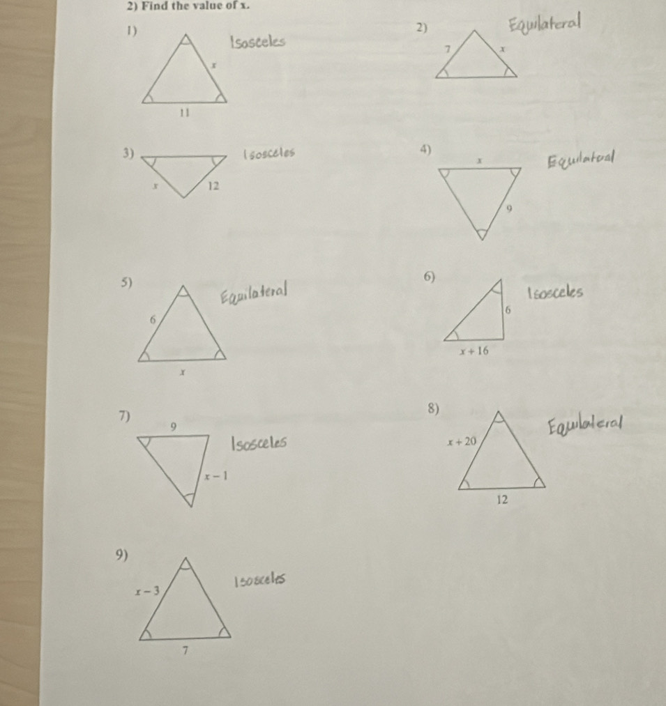 Find the value of x.
1)
2)
3)
4)
5)
6)
7)
8)
9)