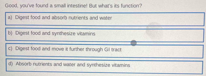 Good, you've found a small intestine! But what's its function?
a) Digest food and absorb nutrients and water
b) Digest food and synthesize vitamins
c) Digest food and move it further through GI tract
d) Absorb nutrients and water and synthesize vitamins