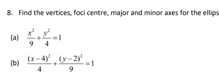 Find the vertices, foci centre, major and minor axes for the ellips
(a)  x^2/9 + y^2/4 =1
(b) frac (x-4)^24+frac (y-2)^29=1