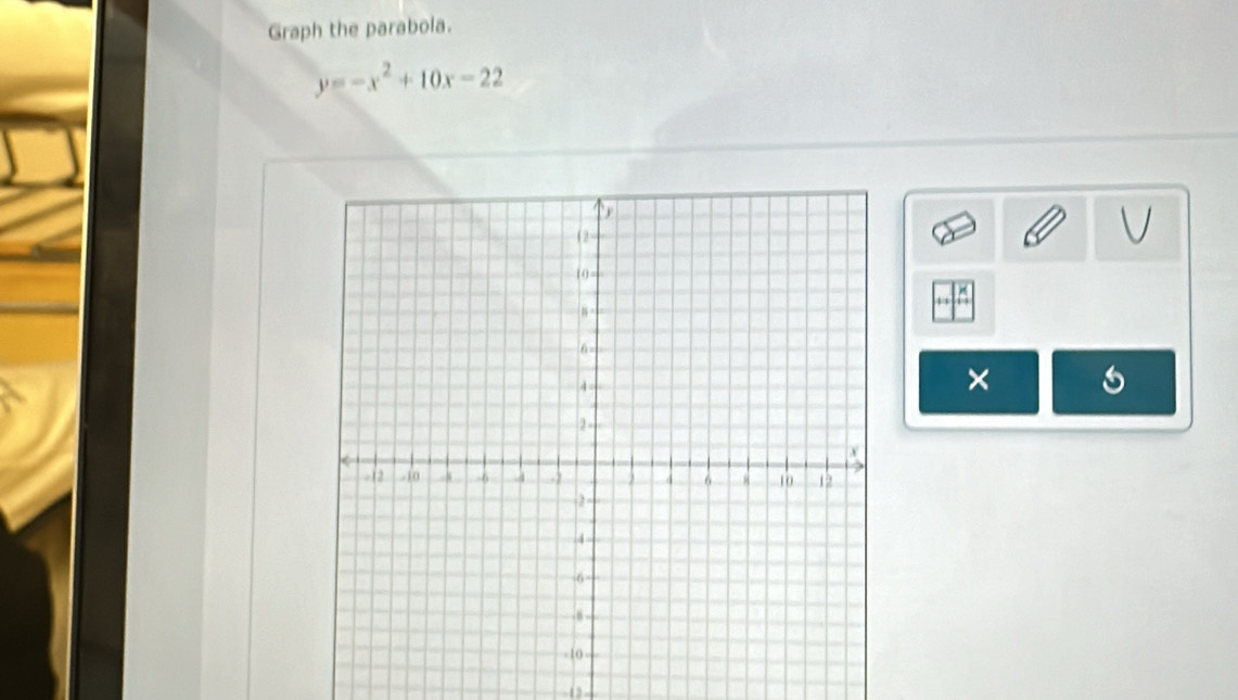 Graph the parabola.
y=-x^2+10x-22
× 
(