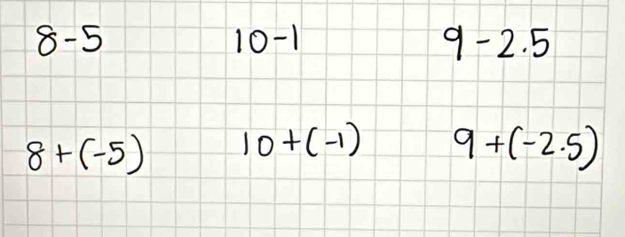 8 -5 10-1 9-2.5
8+(-5)
10+(-1) 9+(-2.5)