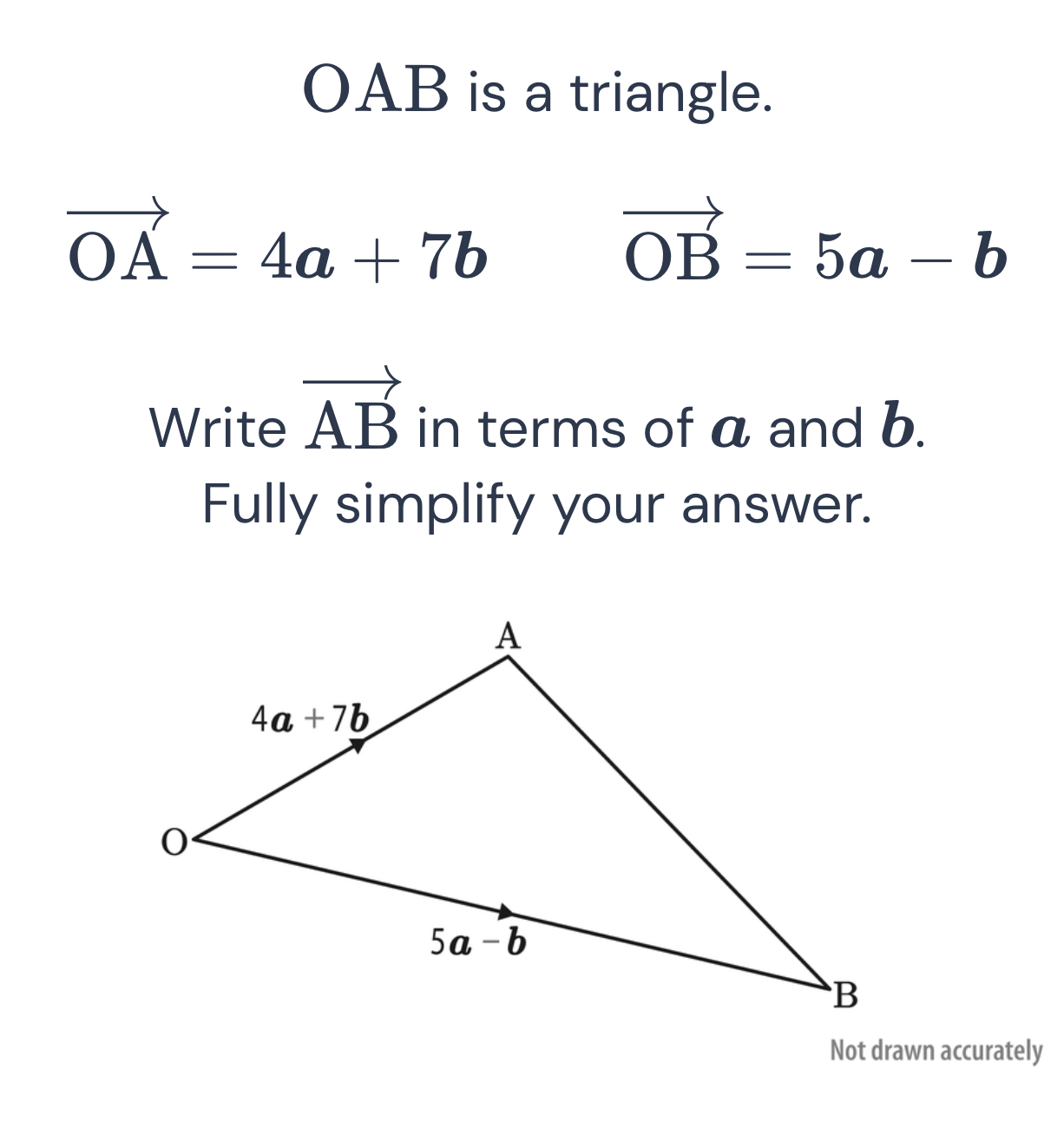 Solved: OAB is a triangle. vector OA=4a+7b vector OB=5a-b Write vector ...