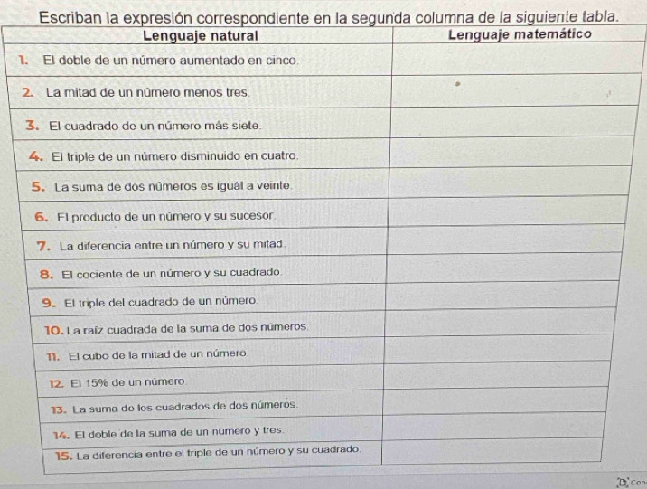 Escriban la expresión correspondiente en la segunda columna de la siguiente tabla. 
1 
2 
D con