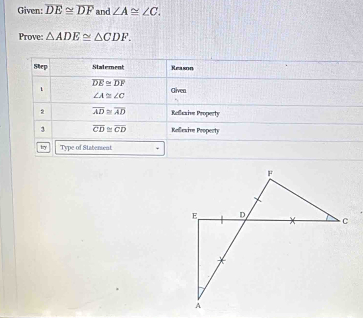 Given: overline DE≌ overline DF and ∠ A≌ ∠ C.
Prove: △ ADE≌ △ CDF.