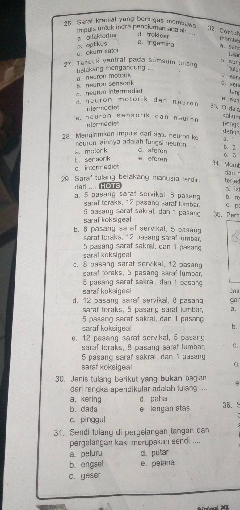 Saraf kranial yang bertugas membawa
32. Contoh
impuls untuk indra penciuman adalah ...
a. olfaktorius d. troklear
membe
b. optikus e. trigeminal
a. send
c. okumulator
tular
b. sen
27. Tanduk ventral pada sumsum tulang
belakang mengandung ....
tular
a. neuron motorik c. sen
b. neuron sensorik d.sen
c. neuron intermediet
tang
e. sen
d. neuron motorik dan neuron 33. Di dala
intermediet
kalium
e. neuron sensorik dan neuron
intermediet penge
denga
28. Mengirimkan impuls dari satu neuron ke a. 1
neuron lainnya adalah fungsi neuron .... b. 2
a. motorik d. aferen c. 3
b. sensorik e. eferen
c. intermediet
34. Memb
dari r
29. Saraf tulang belakang manusia terdiri terjad
dari .... HOTS a. is
a. 5 pasang saraf servikal, 8 pasang b. re
saraf toraks, 12 pasang saraf lumbar, c. p
5 pasang saraf sakral, dan 1 pasang 35. Perh
saraf koksigeal
b. 8 pasang saraf servikal, 5 pasang
saraf toraks, 12 pasang saraf lumbar,
5 pasang saraf sakral, dan 1 pasang
saraf koksigeal
c. 8 pasang saraf servikal, 12 pasang
saraf toraks, 5 pasang saraf lumbar,
5 pasang saraf sakral, dan 1 pasang
saraf koksigeal Jalu
d. 12 pasang saraf servikal, 8 pasang gan
saraf toraks, 5 pasang saraf lumbar, a.
5 pasang saraf sakral, dan 1 pasang
saraf koksigeal
b.
e. 12 pasang saraf servikal, 5 pasang
saraf toraks, 8 pasang saraf lumbar, C.
5 pasang saraf sakral, dan 1 pasang
saraf koksigeal
d.
30. Jenis tulang berikut yang bukan bagian
e
dari rangka apendikular adalah tulang ....
a. kering d. paha
b. dada e. lengan atas 36. S
c. pinggul
31. Sendi tulang di pergelangan tangan dan
pergelangan kaki merupakan sendi ....
a. peluru d. putar
b. engsel e. pelana
c. geser