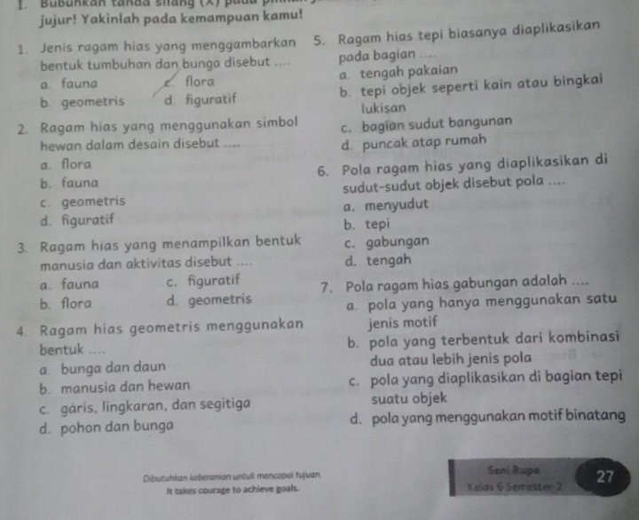 Bubunkan takaa shang (X) pada 
jujur! Yakinlah pada kemampuan kamu!
1. Jenis ragam hias yang menggambarkan 5. Ragam hias tepi biasanya diaplikasikan
bentuk tumbuhan dan bunga disebut .... pada bagian ....
a. fauna e flora a. tengah pakaian
b. geometris d figuratif b. tepi objek seperti kain atau bingkai
lukisan
2. Ragam hias yang menggunakan simbol c. bagian sudut bangunan
hewan dalam desain disebut ....
d. puncak atap rumah
a. flora
b. fauna 6. Pola ragam hias yang diaplikasikan di
c. geometris sudut-sudut objek disebut pola ....
d. figuratif a. menyudut
b. tepi
3. Ragam hias yang menampilkan bentuk c. gabungan
manusia dan aktivitas disebut .... d. tengah
a. fauna c. figuratif
b. flora d. geometris 7. Pola ragam hias gabungan adalah ....
a. pola yang hanya menggunakan satu
4. Ragam hias geometris menggunakan jenis motif
bentuk .... b. pola yang terbentuk dari kombinasi
a bunga dan daun dua atau lebih jenis pola
b. manusia dan hewan c. pola yang diaplikasikan di bagian tepi
c. gåris, lingkaran, dan segitiga suatu objek
d. pohon dan bunga d. pola yang menggunakan motif binatang
Dibutuhkian keberanian untuk mencopoï tujuan. Seni Rupa 27
It takes courage to achieve goals. Kelas 6 Semoster 2