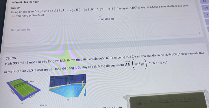 Phần III. Trả lời ngăn 
01 
Câu 24 
Trong không gian Oæyz, cho ba A(1;1;-2), B(-3;1;0), C(2;-2;1). Tam giác ABC có diện tích bằng bao nhiêu?(kết quả chính 06 
xác đến hàng phần chục) 
1 
Nhập đáp án 
Đáp án của bạn 
Hình 33α mô tả một sản cấu lông với kích thước theo tiêu chuẩn quốc tế. Ta chọn hệ trục Oxyz cho sân đó như ở Hình 336 (đơn vị trên mỗi trục Câu 25
là mét). Giả sử AB là một trụ cấu lông đế căng lưới. Hãy xác định toạ độ của vecto vector AB(a;b;c) , Tính a+b+c ? 
E 155 m
K 10 m

Hình 3