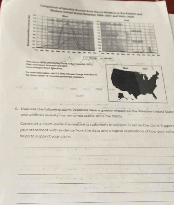 Compariion of Moetbly Burned Arwa Dux to Wihdtres in the Easters and 
Wenlerrs Gmitaud Titt4-2ürh wuut 216012:-21000 
lnt 

_ 
- - - 
-- 
Clta sourar MR5 (Nratorling Trands in tmn Severtfy: 2003. 
Crect dcenioed, Auteet Agwl 20018 
weortagow/dine1 der iad 
For more infornation, viat US EPWS ''Canate Change indicaton in 
u United Sases'' at eewspa gow mate indiation 

12 ? 
6. Evaluate the following claim: Wildfires have a greater impact on the Western United State 
and wildfires severity has remained stable since the 1980 's. 
Construct a claim-evidence-reasoning statement to support or refute the claim. Support 
your statement with evidence from the data and a logical explanation of how your evide 
helps to support your claim. 
_ 
_ 
_ 
_ 
_ 
_ 
_ 
_