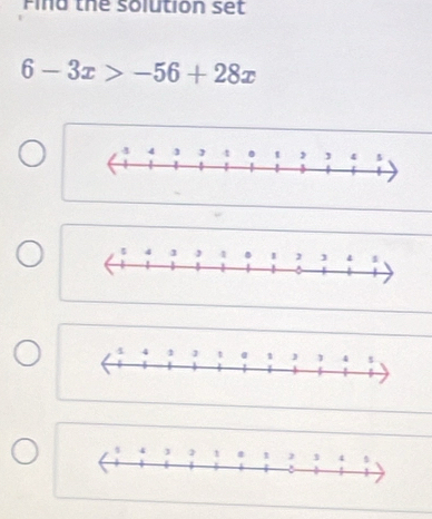 Find the solution set
6-3x>-56+28x