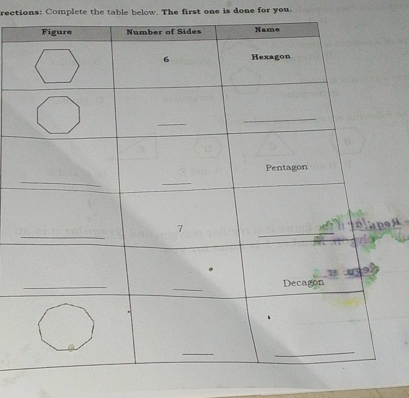 rections: Complete the table below. The first one is done for you.