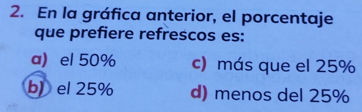 En la gráfica anterior, el porcentaje
que prefiere refrescos es:
a el 50% c) más que el 25%
b)el 25% d) menos del 25%