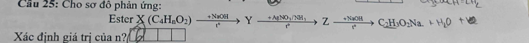 Cầu 25: Cho sơ đô phản ứng: 
Ester X(C_4H_nO_2)xrightarrow +NaOHYxrightarrow +AgNO_3/NH_3Zxrightarrow +NaOHC_2H_3O_2Na.+H_2O+
Xác định giá trị của n?