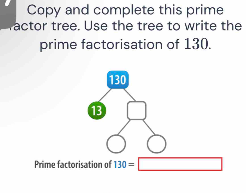 Copy and complete this prime 
factor tree. Use the tree to write the 
prime factorisation of 130. 
Prime factorisation of 130=□