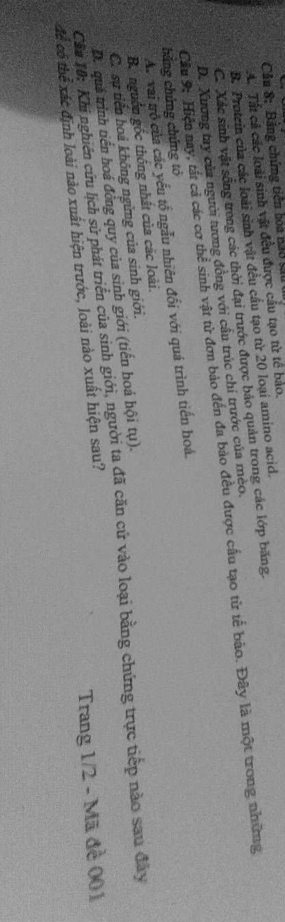 Bảng chứng tiên hóa nao cầu
A. Tất cả các loài sinh vật đều được cầu tạo từ tế bảo.
B. Protein của các loài sinh vật đều cầu tạo từ 20 loại amino acid.
C. Xác sinh vật sống trong các thời đại trước được bảo quản trong các lớp băng.
D. Xương tay của người tương đồng với cầu trúc chi trước của mèo.
Cầu 9: Hiện nay, tất cả các cơ thể sinh vật từ đơn bảo đến đa bào đều được cấu tạo từ tế bảo. Đây là một trong những
háng chứng chứng tỏ
A. vai tró của các yếu tổ ngẫu nhiên đối với quá trình tiến hoá.
B. nguồn gốc thông nhật của các loài.
C. sự tiền hoá không ngừng của sinh giới.
D. quá trình tiến hoá đồng quy của sinh giới (tiến hoá hội tụ).
Cần 10: Khi nghiên cứu hịch sử phát triển của sinh giới, người ta đã căn cứ vào loại bằng chứng trực tiếp nào sau đây
để có thể xác định loài nào xuất hiện trước, loài nào xuất hiện sau?
Trang 1/2 - Mã đề 001