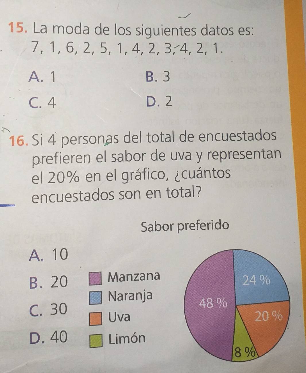 La moda de los siguientes datos es:
7, 1, 6, 2, 5, 1, 4, 2, 3, 4, 2, 1.
A. 1 B. 3
C. 4 D. 2
16. Si 4 personas del total de encuestados
prefieren el sabor de uva y representan
el 20% en el gráfico, ¿cuántos
encuestados son en total?
Sabor preferido
A. 10
Manzana
B. 20
Naranja
C. 30
Uva
D. 40 Limmón