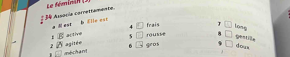 Le féminin (3)
34 Associa correttamente.
a Il est b Elle est
4 frais
7 A long
1 active 8
2 agitée 5
rousse
gentille
3 méchant 6 gros
9 doux